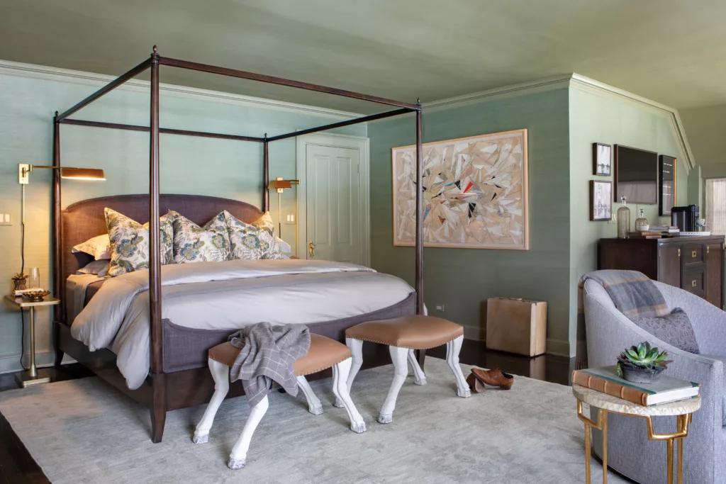 poster bed antique rug artwork footed ottomans