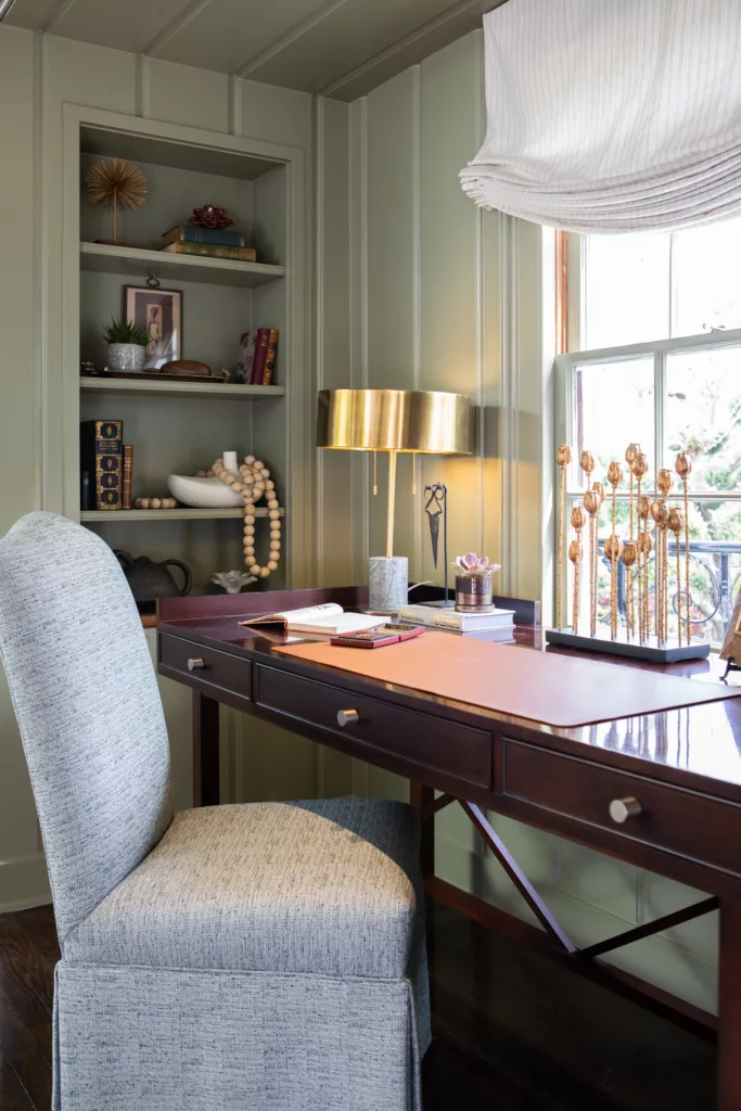 primary bedroom desk alcove custom shades green antique furniture colonial window view
