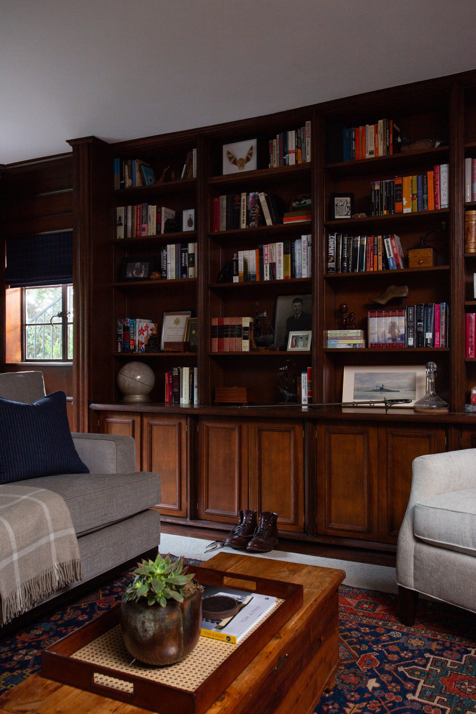 Luxury library designed by Coco Maison in California with custom millwork.