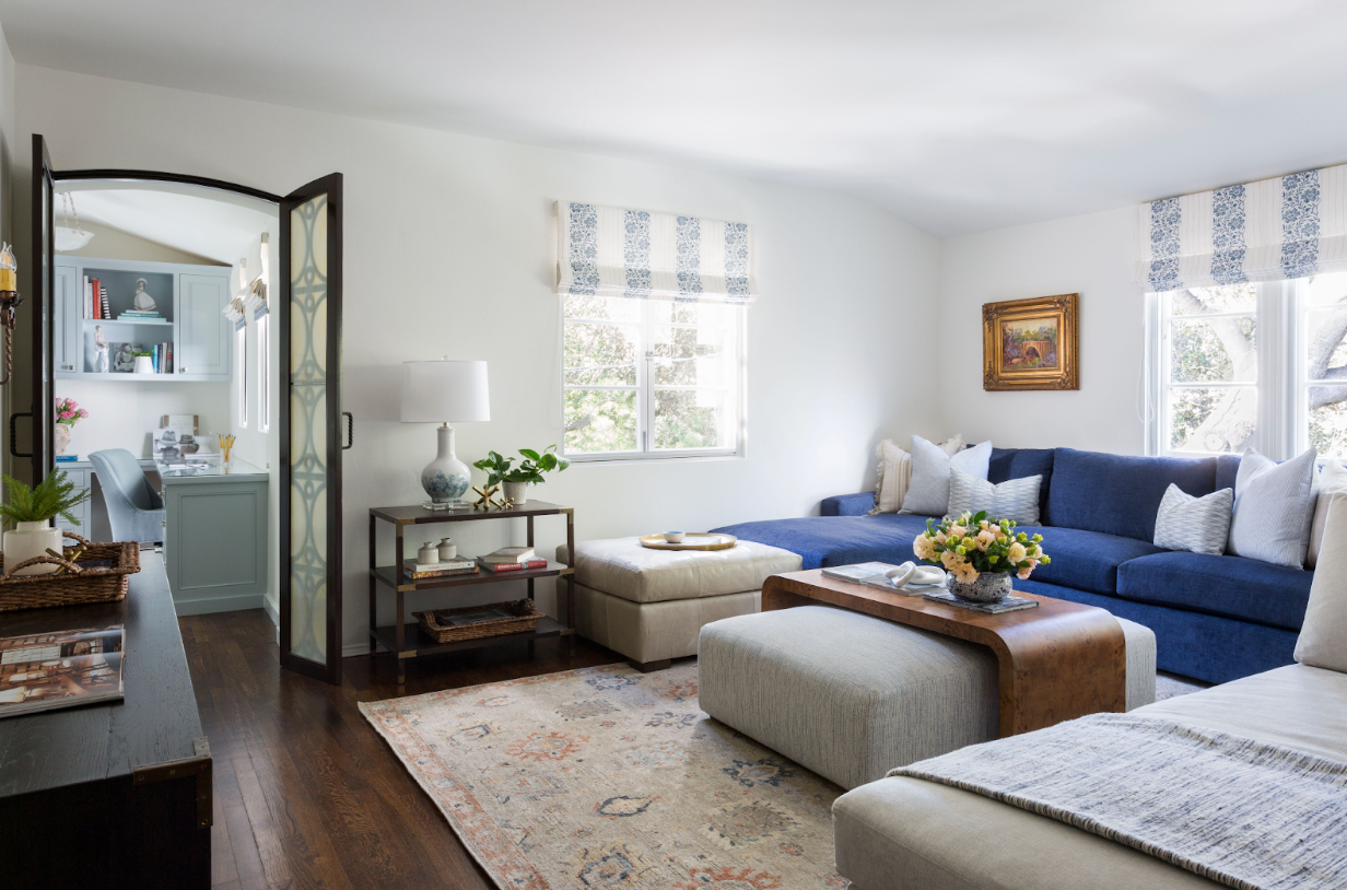 Family room in California home designed by Coco Maison. Design leadership.