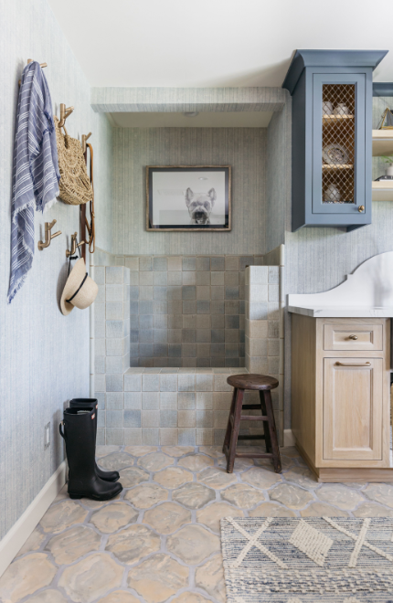 Mudroom designed by Coco Maison in California with pet bath. Design leadership.