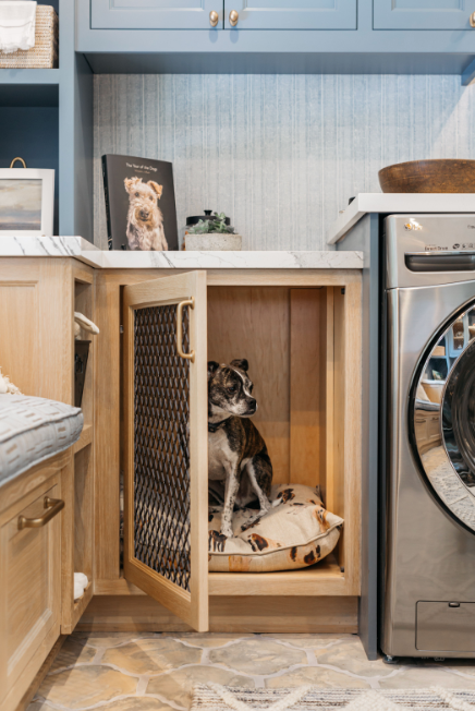 Mudroom designed by Coco Maison in California with built-in dog crate. Design leadership.